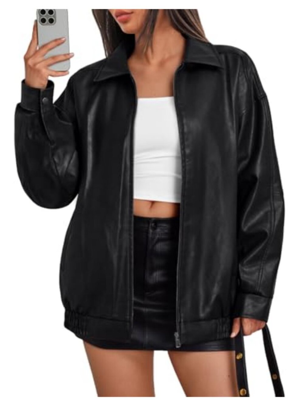 Oversized Vegan Leather Moto Bomber Jacket Womens Fall Winter Coat